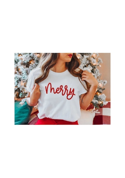 Yılbaşı Merry Christmas Baskılı Kısa Kollu Oversize Bisiklet Yaka T-shirt - Beyaz