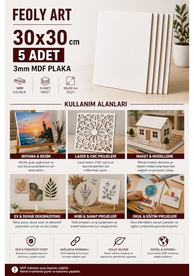 3 Mm 30x30 Mdf Plaka 5 Adet - Hobi, Maket, Ahşap El Sanatları İçin Uygun 5 Li Paket