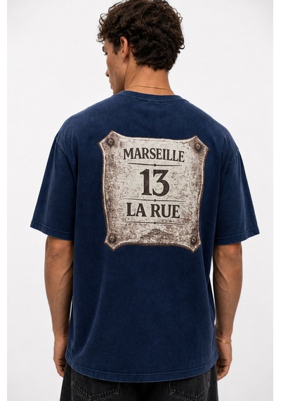 Respire Erkek Marseille Baskılı Yıkamalı Oversize T-shirt Lacivert