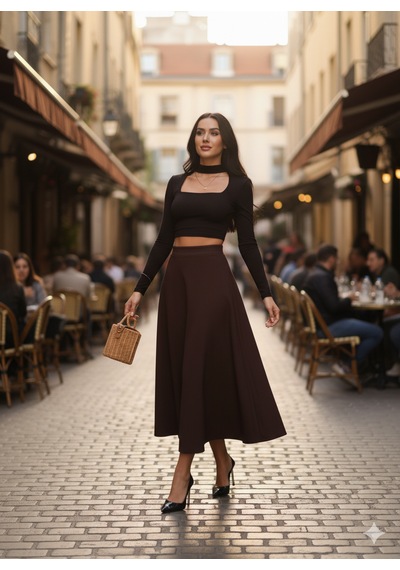 Ozy Fashion Kadın Süet Kloş Etek Koyu Kahverengi