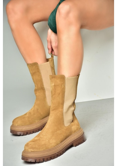 Fox Shoes R555268002 Taba Hakiki Deri Süet Kadın Bot Taba
