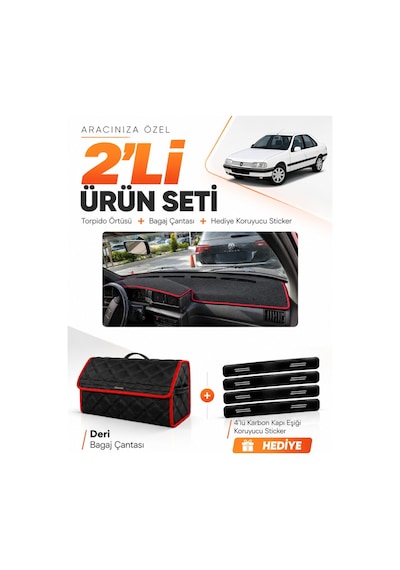 Peugeot 405 1987-1992 Uyumlu Torpido Örtüsü + Deri Bagaj Çantası + Sticker Seti - Siyah Kırmızı