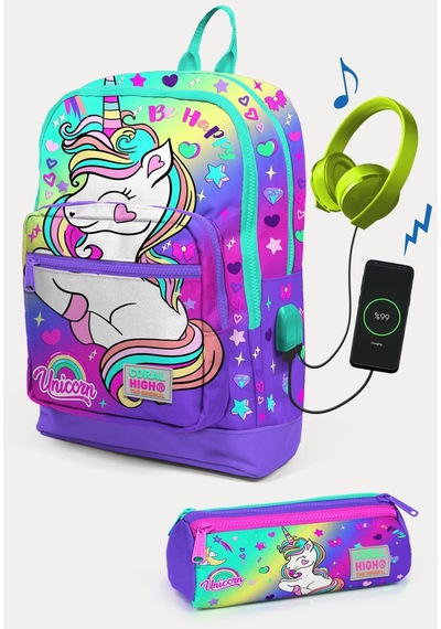 Coral High Kids Lavanta Su Yeşili Unicorn Desenli Usb'li 2'li Okul Çanta Seti Set0223829