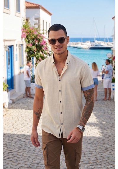 Buratti Pamuklu Slim Fit Düğmeli Yaka Kısa Kollu Erkek Gömlek Cf21S112546 Taş