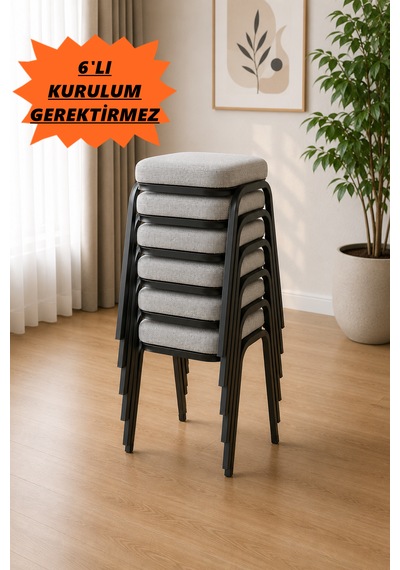 6 Adet Siyah Metal Ayaklı Boyalı Tabure ,sert Süngerli Çökme Yapmaz , 3 Cm Süngerli, Kumaşlı Siyah - 6 Adet