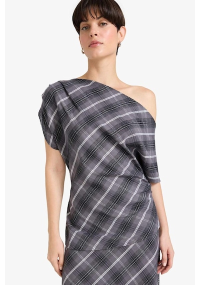 Defacto Regular Fit Kayık Yaka Kareli Flanel Kısa Kollu Bluz G0862ax25augr312 Gri