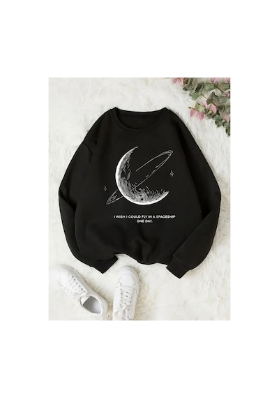 Herkesemoda Ay Baskılı Siyah 2 İplik Şardonlu Bisiklet Yaka Sweatshirt Siyah