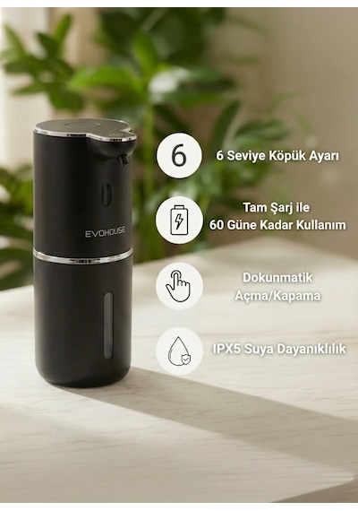Otomatik Sensörlü Köpük Sıvı Sabunluk - Şarjlı- Dijital Led Ekran - Duvara Monte - P18 Model Siyah