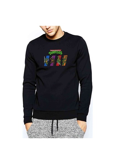 Retro Ninja Turtles Baskılı Siyah Erkek Sweatshirt