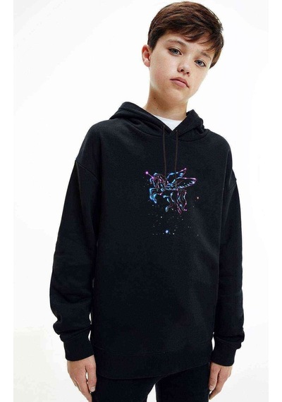 Tshirthane Space Unicorn 2 Baskılı Unisex Çocuk Kapüşonlu Siyah Sweatshirt Siyah