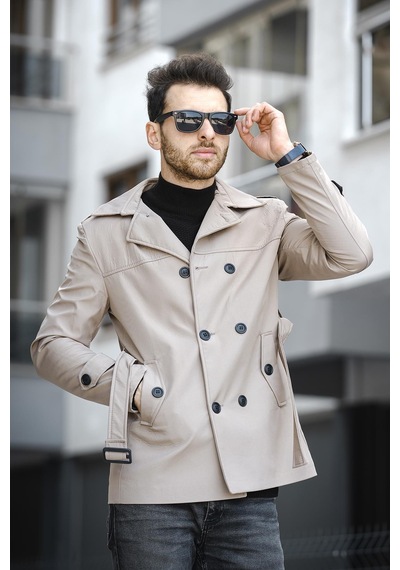 Oksit Lusaka Su İtici Slim Fit Kemer Detaylı Trençkot Taş Rengi