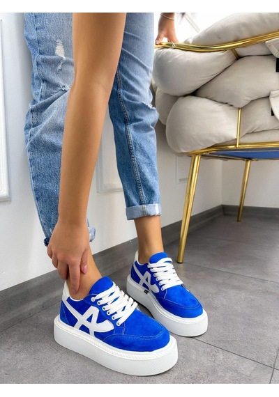 Erva'nın Butiği Mavi Beyaz Tig Kadın Bağcıklı Sneakers-4892 Mavi Beyaz Süet
