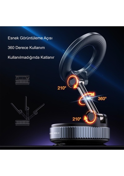 Triline Manyetik Vakum Araç Montaj Telefon Üniversal Tutucu X68 Stand 360 Ayarlanabilir Katlanabilir Siyah