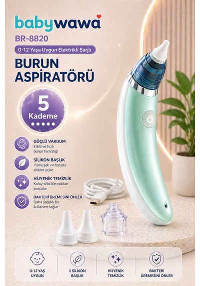 Babywawa Br-8820 0-12 Yaş Şarjlı Bebek Burun Aspiratörü 5 Kademe Güçlü Vakum