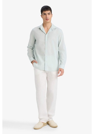 Defacto Regular Fit Polo Yaka Keten Karışımlı Yazlık Uzun Kollu Gömlek E0518ax25smgn1260 Yeşil