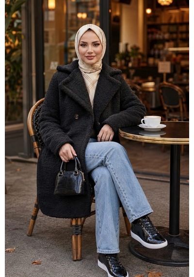 Hb Harma Time Butik Kadın Kruvaze Astarlı Düğmeli Siyah Peluş Kaban