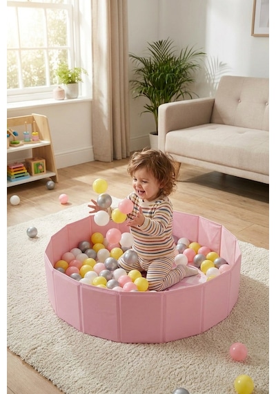 Top Havuzu 100 Top Dahil Yumuşak Minderli Bebek Oyun Havuzu, Katlanır Çocuk Oyun Parkı Top Seti 0+ Yaş Pembe