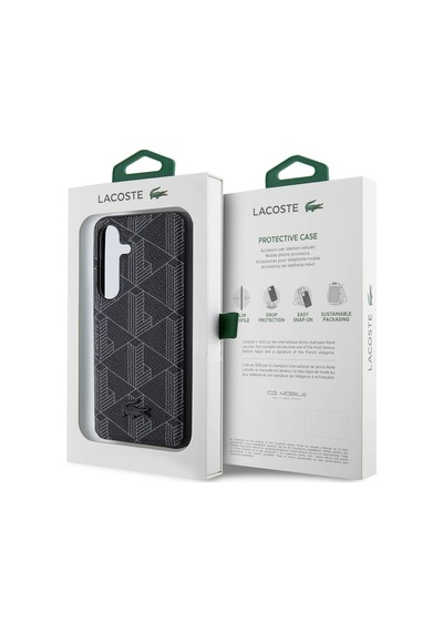 Galaxy Uyumlu S24 Kılıf Lacoste Lisanslı Magsafe Özellikli Pu Deri Görünümlü Karışık Monogram Desenli Siyah