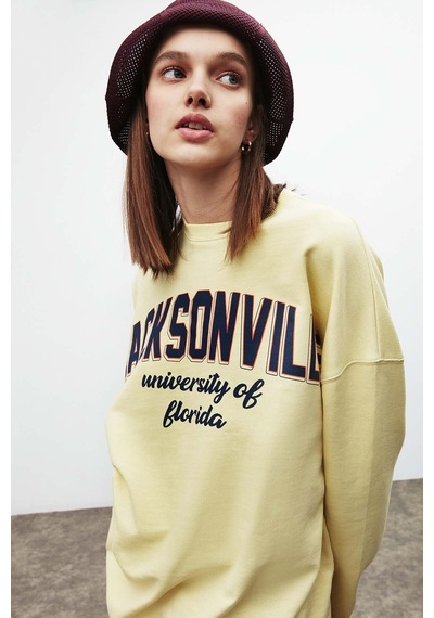 ETHIQUET RA ONA Kadın Oversize Yumuşacık İçi Polarlı Organik Pamuklu Baskılı Yuvarlak Yakalı Sarı Sweatshirt
