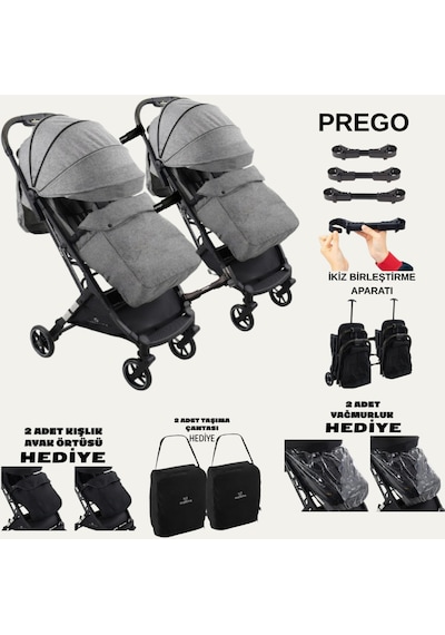 Prego Yan Yana Birleştirmeli Kabin Boy İkiz Bebek Arabası Ayak Örtüsü + Yağmurluk + Taşıma Çanatası