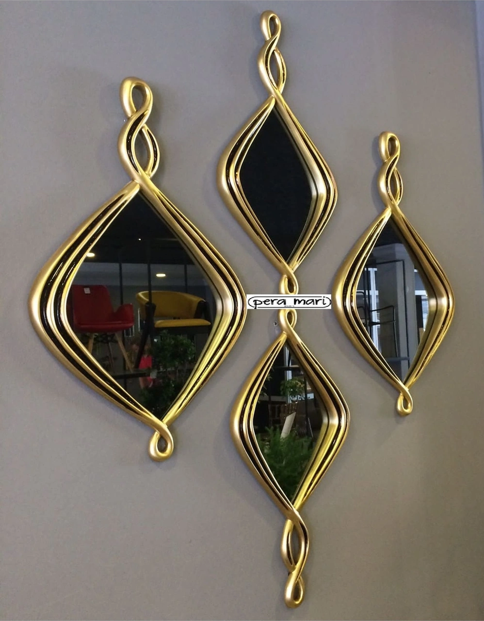 Dekoratif Polyester Dörtlü Damla Burgulu Lüks Salon Duvar Ayna Takımı Gold-eskitme