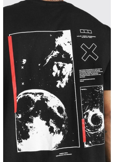 Startmore Siyah Uzay Sırt Baskılı Bisiklet Yaka Oversize T-shirt Siyah