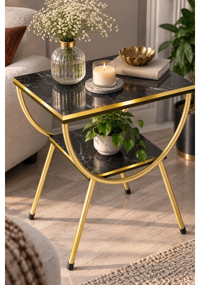 Sulorahome Yan Sehpa Komodin Siyah Mermer Desenli Gold Metal Ayaklı Siyah Mermer - Altın