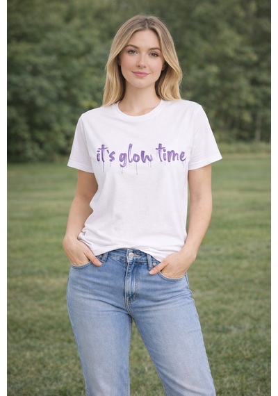 Herkesemoda İt's Glow Time Baskı Detaylı Basic T-shırt Beyaz