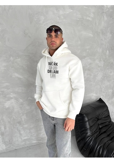 Kışlık Üç İplik Kapşonlu Sweatshirt - Beyaz Beyaz