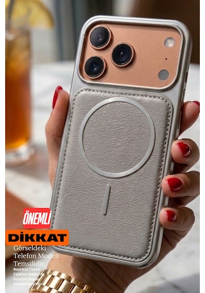 iPhone Uyumlu 13 / 14 Magsafe Özellikli Arkası Deri Metalik Kenarlı Yumuşak Silikon Telefon Kılıfı Gri