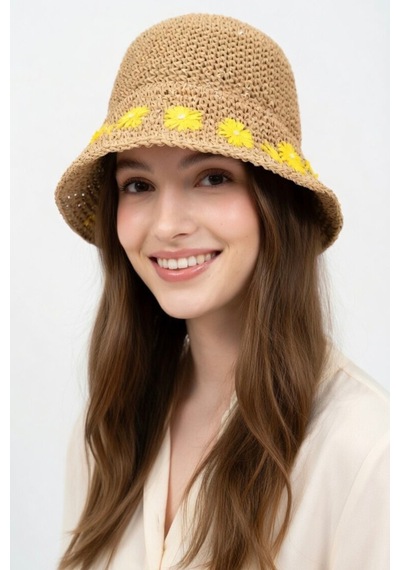Mollycrush Kadın Hasır Papatya Desenli Yazlık Plaj Şapkası Ayarlanabilir Bağcıklı Retro Bucket Hasır