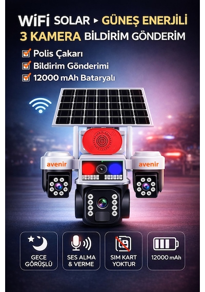 3 Kameralı Güneş Enerjili Wi-fi Güvenlik Kamerası 15mp Solar