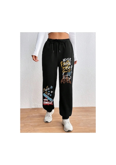 Tarzsokak Cartoon & Graphic Drawstring Waist 4 Mevsim Eşofman Siyah