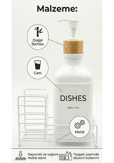 Makri Home Metal Stantlı Bambu Kapaklı Cam Sıvı Sabunluk/deterjanlık, 500 Ml, 15 8,5 23 Cm Beyaz