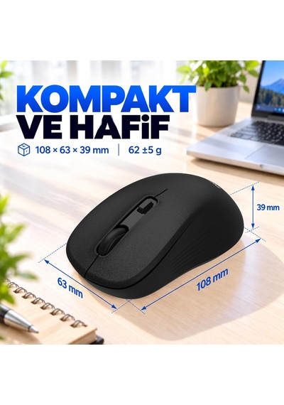 Spk7538 Kablosuz Mouse, 2.4 Ghz + Bluetooth 3.0/5.2, 800/1200/1600 Dpı, Sessiz Tıklama, 5 Tuş, 3 Milyon Tıklama, 62g, Windows Android Macos Uyumlu, Siyah