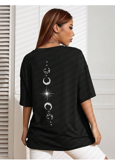 Moon Start T-shirt - Siyah Baskılı Oversize Bisiklet Yaka Kısa Kol SIYAH