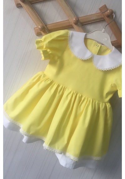Dantel Detaylı Bebe Yaka Sarı Kız Çocuk Bebek Elbise 001