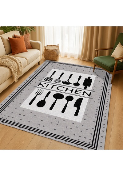 Turkıshrug Kıngdom Gri Kitchen Yazılı Halı Süpürgeyle Kolay Temizlenen Modern Tasarım Çok Renkli