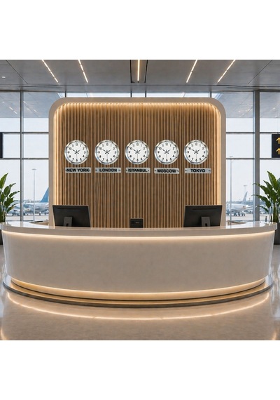 Modern Krom 5 Li 36 Cm Metal Tabelalı Dünya Saatleri Otel Ve Resepsiyon Saati