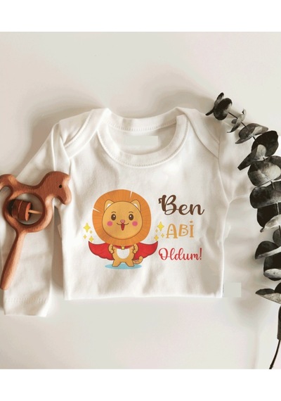 İmaj Tuğbababy Ben Abi Oldum Uzun Kol Çıtçıtlı Organik Bebek Body Beyaz