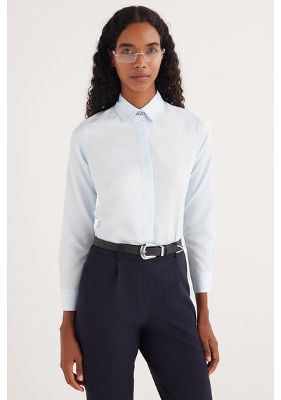 Tudors Kadın Slim Fit Dar Kesim Vucüda Oturan Uzun Kollu Gizli Düğme Detaylı Mavi Basic Gömlek-35557 Mavi