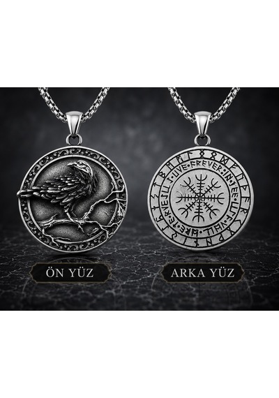 Paslanmaz Çelik Çift Taraflı Tasarım Vegvisir Rune Viking Kuzgun Kolye