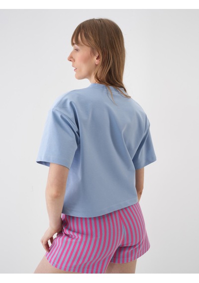 Xint Mavi Pamuk Dokulu Oversize Tişört 602459