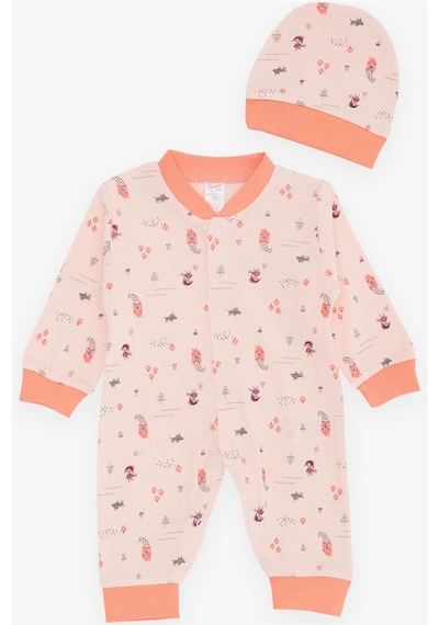 Breeze Kız Bebek Tulum Orman Temalı Kız Desenli 0 3 Ay 6 Ay, Somon Somon