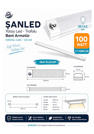 100wat 120 Cm Kristal Yatay Led Bant Armatür-trafolu Beyaz Işık -4 Adettir