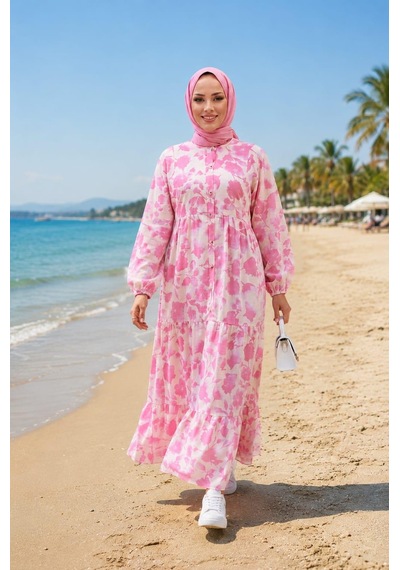Hb Harma Time Butik Kadın Düğmeli Desenli Modal Kumaş Pembe Elbise