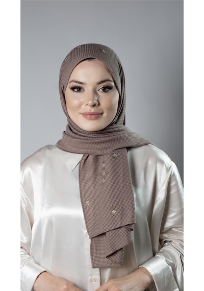 Hürrem Bone Koyu Vizon Pratik Hazır Geçmeli Tesettür Şal Örme Kumaş Taşlı Çiçek Desenli 2118c 38