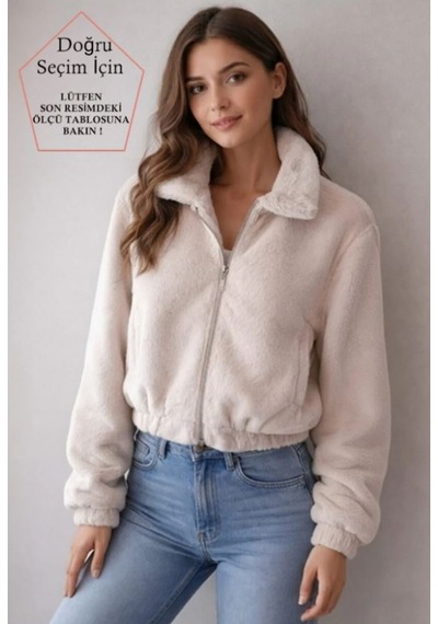 Smalltouch Kadın İç Astarlı Fermuarlı Çift Cepli Crop Bej Peluş Mont Taş