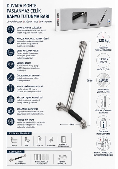 Paslanmaz Çelik Banyo Tutunma Barı 63 Cm Gümüş