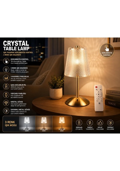 Crystal Table Lamp W028 Şarj Edilebilir Kristal Masa Lambası, Rgbw 3 Renk Işık, 3 Kademeli Parlaklık, Dokunmatik Kontrol, Modern Dekoratif Abajur Diğer